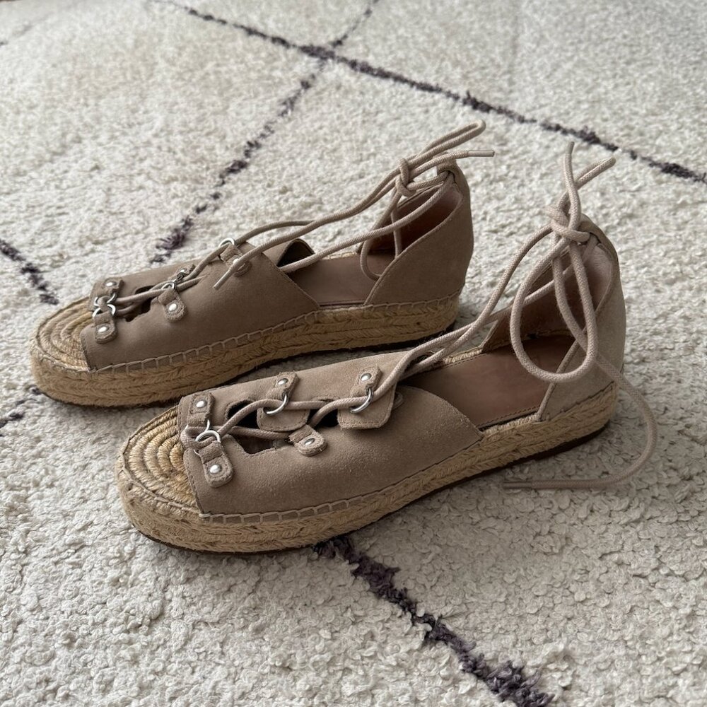 Marc Fished Tan Suede Espadrille Lace Up Platform Sandal size 9.5